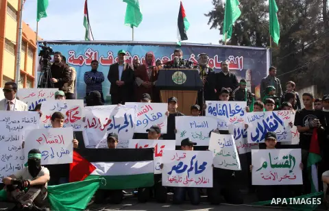 Senior Hamas leader Salah El-Bardawil, gives a speech during Friday prayers outside the Egyptian embassy in a protest to condemn the decision of an Egyptian court to ban the armed wing of Palestinian Islamist movement, i...