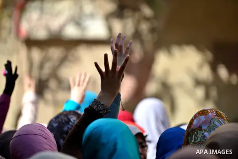 Egyptian students who are support ousted President Mohamed Morsi and the Muslim Brotherhood take part in a protest in Cairo University on February 8, 2015. Due to the escalation of students protest in the campus of sever...