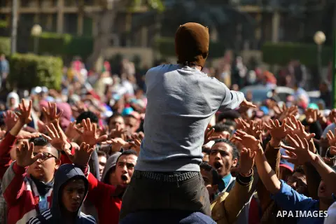 Egyptian students who are support ousted President Mohamed Morsi and the Muslim Brotherhood take part in a protest in Cairo University on February 8, 2015. Due to the escalation of students protest in the campus of sever...