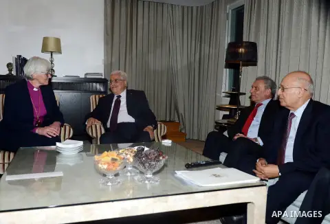 Palestinian President, Mahmoud Abbas (Abu Mazen) meets with Archbishop of Sweden, in Stockholm, Sweden on Feb. 09, 2015. Photo by Thaer Ganaim