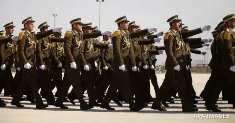 Members of the Palestinian presidential guard march during a training session in the West Bank city of Jericho February 10, 2015. Photo by Shadi Hatem