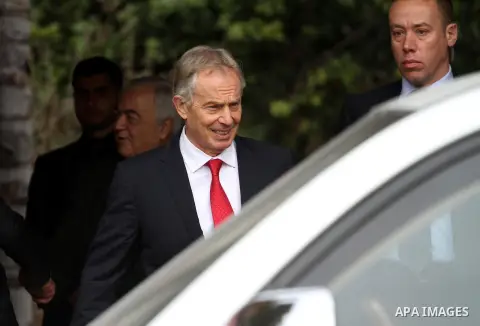 Middle East Quartet envoy Tony Blair leaves after a meeting with Palestinian unity government ministers in Gaza city on February 15, 2015. Blair is in Gaza for meetings with officials about the reconstruction of the terr...