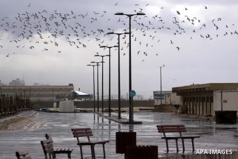 Seagulls fly over the seaport, during a stormy day at the beach of Gaza city on February 20, 2015. At least half a dozen people, including five children, froze to death during storms in January, as a lack of shelter and...