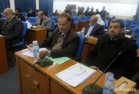 Members of the Palestinian legislative council from Hamas movement attend a meeting at the at the legislative council in Gaza city on February 25, 2015. Photo by Ramadan Al-Agha