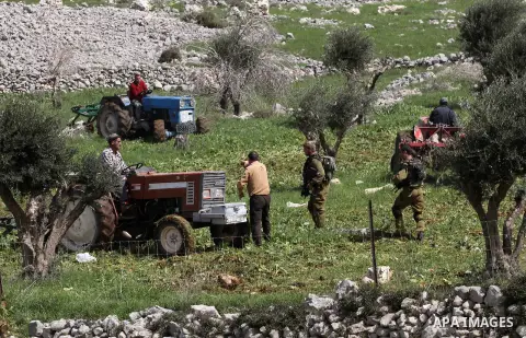 Israeli soldiers expel Palestinian farmers and shepherds from their fields after attacking Israeli settlers to them at at Burin village near the West Bank city of Nablus on March 09 2015. Photo by Nedal Eshtayah