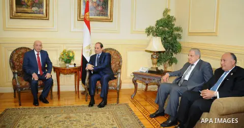 A handout picture made available by the Egyptian presidency shows Egyptian President Abdel Fattah al-Sisi meets with President of the Libyan House of Representative Aguila Saleh in Sharm El-Sheikh on March 27, 2015, ahea...