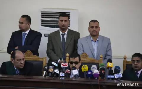 Head of Giza Criminal Court, Judge Mohamed Nagy Shehata speaks during the trial of Muslim brotherhood leaders in Cairo, April 11, 2015. An Egyptian court sentenced Mohamed Badie, the leader of the outlawed Muslim Brother...