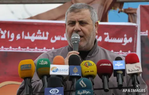 Palestinian leader of the Islamic Jihad Movement, Khaled Al-Batsh speaks during a protest to show solidarity with prisoners held in Israeli jails, in front of the headquarter United Nations Development Programme (UNDP),...