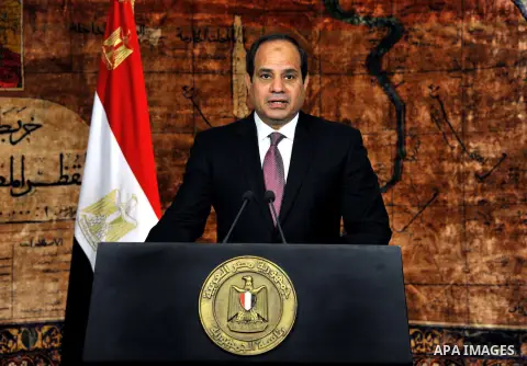 Egyptian President, Abdel Fattah al-Sisi, gives a speech during the commemoration of Sinai Liberation Day, at the Presidential Palace, Cairo, Egypt, 23 April 2015. Photo by Egyptian Presidency