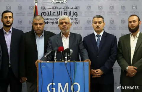 Director General of the Ministry of Culture Mustafa Al Sawaf speaks during a press conference about commemorations of the 67th anniversary of the "Nakba", in Gaza city on May 07, 2015. "Nakba" means in Arabic "catastroph...