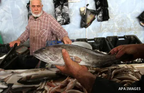 A Palestinian fisherman sells fish in a market in Rafah in the southern Gaza Strip, on May 7, 2015. Israeli military boats on Wednesday afternoon opened fire at Palestinian fishing boats near the shore of the central Gaz...