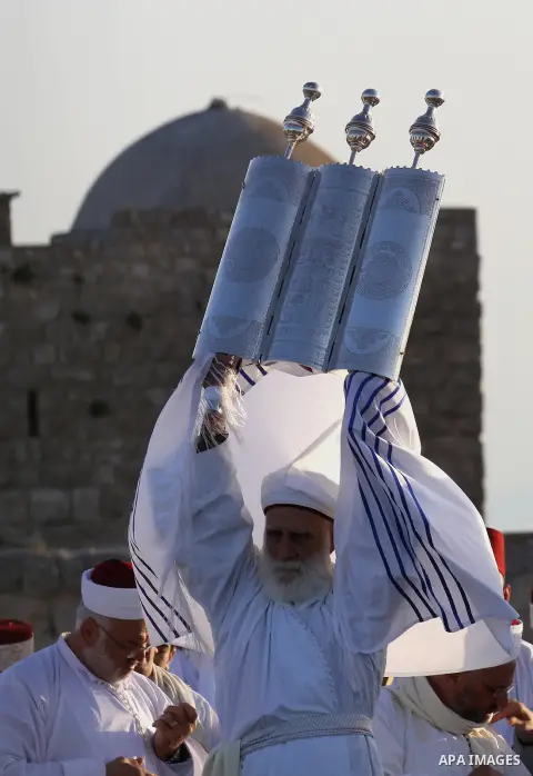 Members of the Samaritan sect take part in a traditional pilgrimage marking the holiday of Passover atop Mount Gerizim near the West Bank city of Nablus, on May 9, 2015. Samaritans have been present on the Land of Israel...