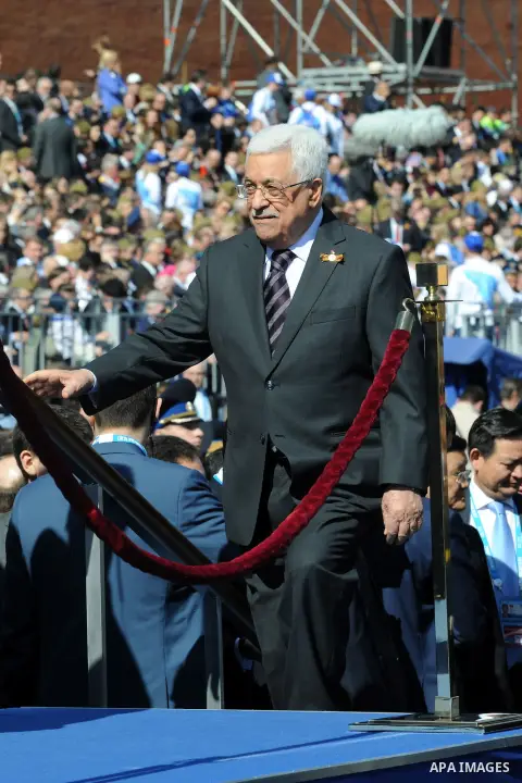Palestinian President Mahmoud Abbas takes part in a ceremony in the Kremlin prior to the Victory Parade marking the 70th anniversary of the defeat of the Nazis in World War II, in Red Square, Moscow, Russia, Saturday, Ma...