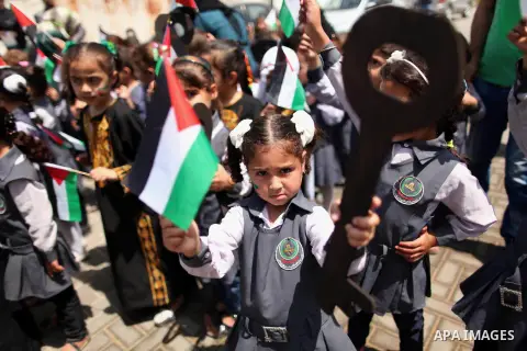 Palestinian children take part in a march ahead of the commemorations of the 67th anniversary of the ''Nakba'', in Gaza city on May 13, 2015. ''Nakba'' means in Arabic ''catastrophe'' in reference to the birth of the sta...