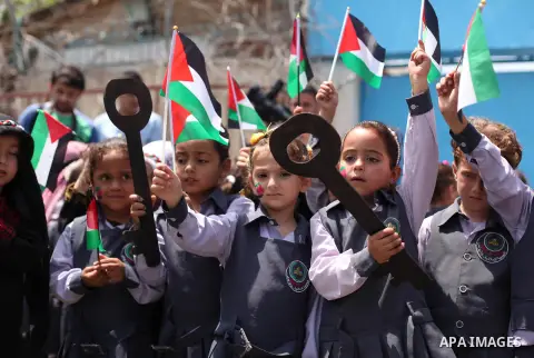 Palestinian children take part in a march ahead of the commemorations of the 67th anniversary of the ''Nakba'', in Gaza city on May 13, 2015. ''Nakba'' means in Arabic ''catastrophe'' in reference to the birth of the sta...