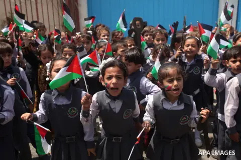 Palestinian children take part in a march ahead of the commemorations of the 67th anniversary of the ''Nakba'', in Gaza city on May 13, 2015. ''Nakba'' means in Arabic ''catastrophe'' in reference to the birth of the sta...
