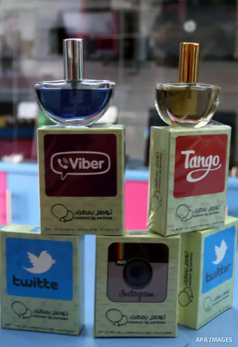 Perfumes in social media marks are displayed in a shop in Khan Younis in the southern Gaza Strip, May 13, 2015. In a report on Internet freedom included 20 Arab countries, Palestine and Tunisia relatively best two countr...