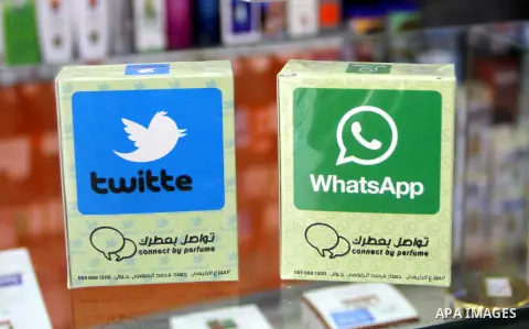 Perfumes in social media marks are displayed in a shop in Khan Younis in the southern Gaza Strip, May 13, 2015. In a report on Internet freedom included 20 Arab countries, Palestine and Tunisia relatively best two countr...
