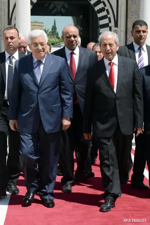 Palestinian President, Mahmoud Abbas meets with President of the Tunisian Chamber of Deputies in Tunisia on May 13, 2015. Abbas is on a three day official visit. Photo by Thaer Ganaim