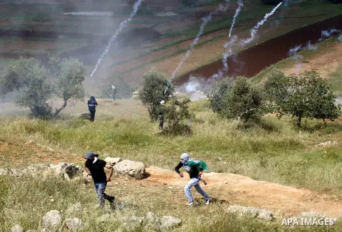 Palestinian protesters run for cover from tear gas fired by Israeli border police during clashes following a demonstration marking the 67th anniversary of the "Nakba", outside Ofer military prison, near the West Bank cit...