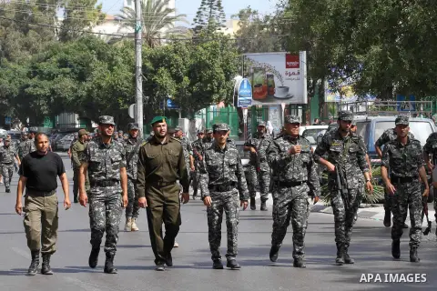 Palestinian members of National Security forces march marking the 67th anniversary of the "Nakba", in Gaza city, on May 18, 2015. ''Nakba'' means in Arabic ''catastrophe'' in reference to the birth of the state of Israel...