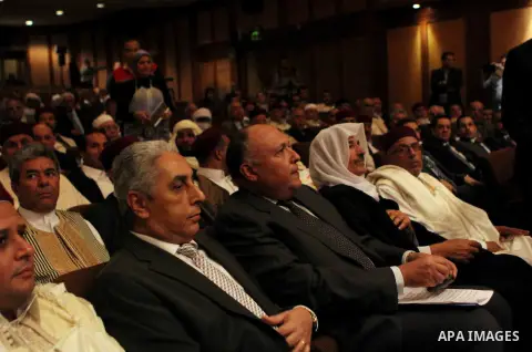Egyptian Foreign Minister Sameh Shoukry attends a confernece at the Cairo hotel in the capital Cairo, on May 25, 2015. A four-day meeting of Libyan tribal leaders opened earlier in the day with the aim of exploring ways...