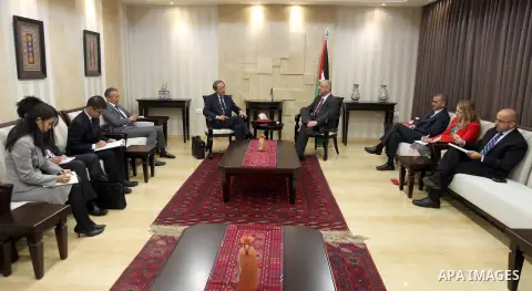 Palestinian Prime Minister Rami Hamdallah meets with Japanese envoy to the Middle East Masahiro Chono, in the West Bank city of Ramallah on June 1, 2015. Photo by Prime Minister Office