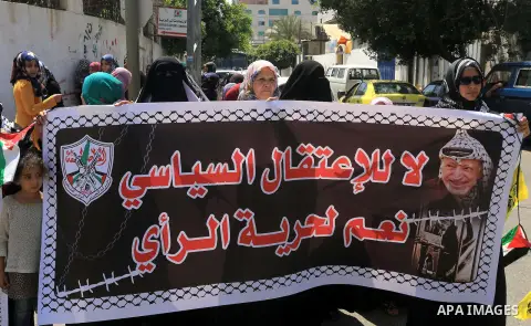 Palestinians who support PLC member of Fatah Mohammed Dahlan, hold banners during a protest demanding Palestinian Authority to release their relatives detained in its jails in Gaza on June 16, 2015. Photo by Mohammed Asa...