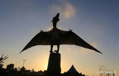 A dinosaur model is seen at the Sharm park in central Gaza Strip on June 17, 2015. Photo by Mohammed Asad