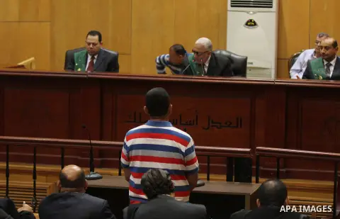 Judges attend the trial of Egyptian defendants over a 2012 stadium riot in the canal city of Port Said that left 74 people dead on June 20, 2015. Photo by Amr Sayed