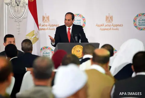 Egypt's President Abdel Fattah al-Sisi delivers a speech as he attends an Iftar meal, a traditional meal to break the day's fasting during the holy Muslim month of Ramadan, in Cairo on June 24, 2015. Photo by Egyptian Pr...