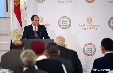 Egypt's President Abdel Fattah al-Sisi delivers a speech as he attends an Iftar meal, a traditional meal to break the day's fasting during the holy Muslim month of Ramadan, in Cairo on June 24, 2015. Photo by Egyptian Pr...