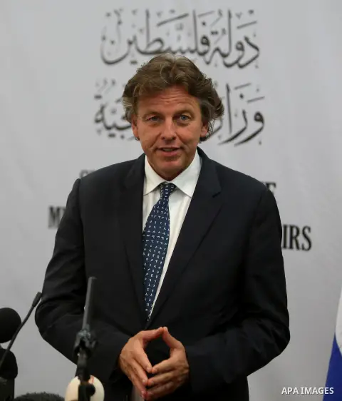 Dutch Foreign Minister Bert Koenders during a press conference with his Palestinian counterpart Riad Malki at the Palestinian Ministry of Foreign Affairs, in Ramallah, West Bank, 14 July 2015. Koenders is on a visit to t...