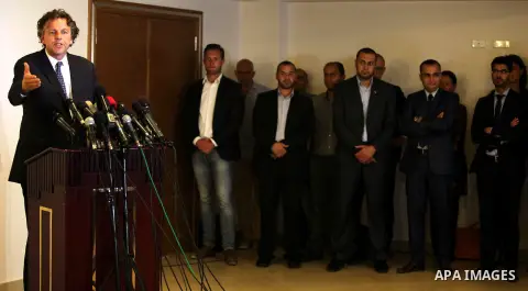 Dutch Foreign Minister Bert Koenders, speaks during a press conference at Roots Hotel in Gaza City on July 15, 2015. Koenders, visited the Kerem Shalom Crossing in southern Israel, which borders Gaza, to inaugurate a new...