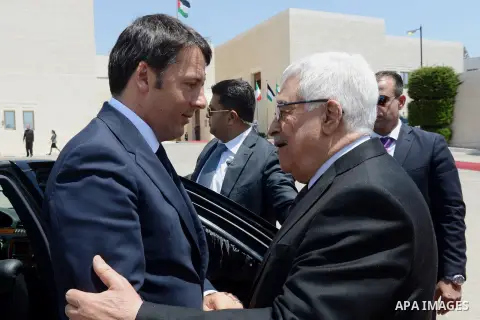 Palestinian President Mahmoud Abbas, meets with Italian Prime Minister Matteo Renzi in the West Bank city of Bethlehem, on July 22, 2015. Renzi is on an official visit to Israel and the Palestinian territories. Photo by...