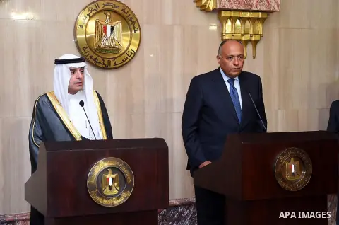 Egyptian Foreign Minister, Sameh Shoukry (R), and Saudi Foreign Minister, Adel al-Jubeir (L), deliver a press conference at the Presidential Palace, Cairo, 30 July 2015. According to reports al-Jubeir and Shoukry have un...