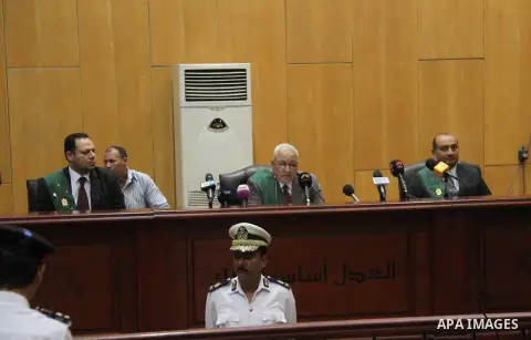 The Judge attend the trial of Egyptian defendants over a 2012 stadium riot in the canal city of Port Said that left 74 people dead, on August 23, 2015 at the police academy on the outskirts of the capital Cairo. Seven de...