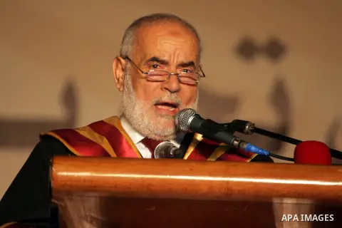 Deputy of the Legislative Council, Ahmed Bahar speaks a graduation ceremony at Al-Aqsa University in Khan Younis in the southern of Gaza strip on August 29, 2015. Photo by Abed Rahim Khatib