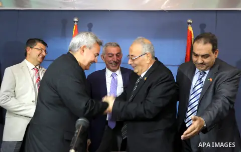 Turkish ambassador to the Palestinian Authority Mustafa Sarnch, attend a meeting with Palestinian businessmen, in Gaza city, on August 30, 2015. Photo by Mohammed Asad