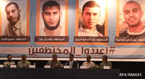Palestinian leaders attend a meeting about the Palestinians who were abducted of by gunmen is Egypt's Sinai's northern region in Gaza city on August 30, 2015. Gunmen in Egypt boarded a bus carrying Palestinians from Cair...