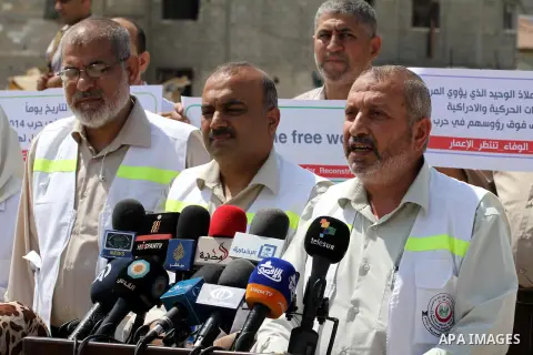 Palestinian manager of El-Wafa hospital, Tayssir El-Beltagy speaks during a press conference in front of the rubbles of El-Wafa hospital, which witnesses said was destroyed during a seven-week Israeli offensive, in the e...
