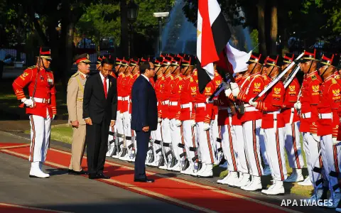 Egypt's President Abdel Fattah al-Sisi walks with Indonesia's President Joko Widodo as they review the honour guard at the presidential palace in Jakarta on September 4, 2015. Al-Sisi, who arrived from Beijing, is on the...
