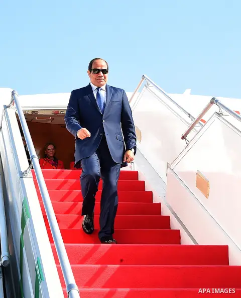 Egypt's President Abdel Fattah al-Sisi arrives at Jakarta airport on September 4, 2015. Al-Sisi, who arrived from Beijing, is on the final stop of his near week-long Asian trip. Photo by Egyptian President Office