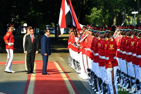 Egypt's President Abdel Fattah al-Sisi walks with Indonesia's President Joko Widodo as they review the honour guard at the presidential palace in Jakarta on September 4, 2015. Al-Sisi, who arrived from Beijing, is on the...