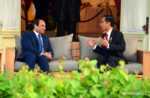Egypt's President Abdel Fattah al-Sisi walks meets with Indonesia's President Joko Widodo at the presidential palace in Jakarta on September 4, 2015. Al-Sisi, who arrived from Beijing, is on the final stop of his near we...