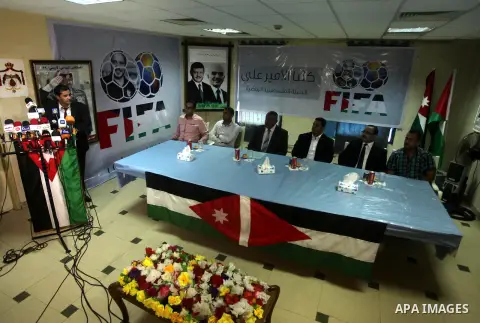 Palestinians celebrate in the Jordanian hospital to support of Prince Ali bin Hussein in the election of the president of FIFA, in Gaza city on September 13, 2015. Prince Ali Bin al-Hussein of Jordan, beaten by Sepp Blat...