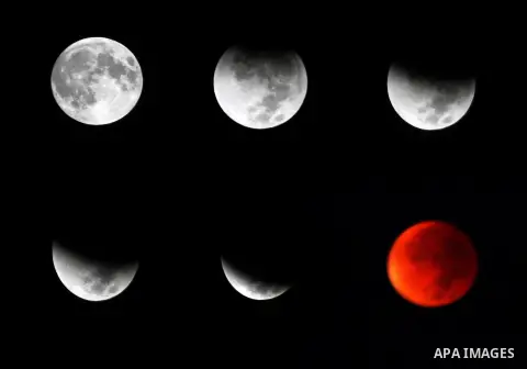 A combo picture shows the different stages of the lunar eclipse with the perigee full moon, or supermoon in Sieversdorf, in Rafah in the southern Gaza Strip, early on Sept. 28, 2015. People in different parts of the worl...