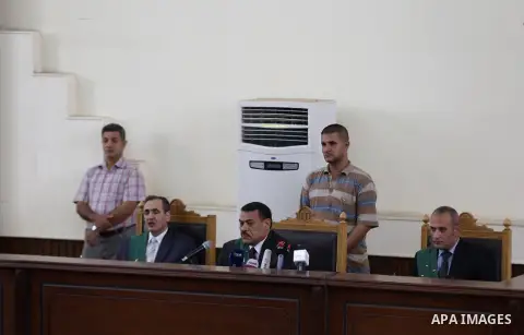 The Judges attend the trial of Alaa and Gamal Mubarak, sons of ousted Egyptian president Hosni Mubarak, during their verdict hearing in Cairo. An Egyptian court on October 12, 2015, ordered the release of ousted presiden...