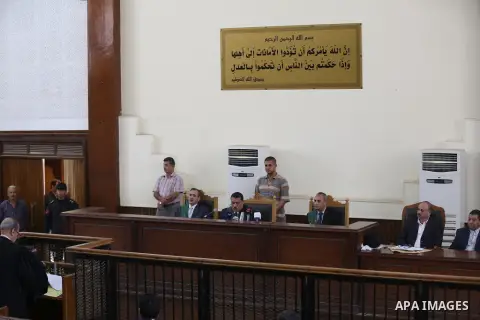 The Judges attend the trial of Alaa and Gamal Mubarak, sons of ousted Egyptian president Hosni Mubarak, during their verdict hearing in Cairo. An Egyptian court on October 12, 2015, ordered the release of ousted presiden...