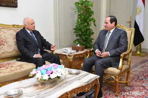 Egyptian President Abdel Fattah el-Sisi meets with Arab League Secretary-General Nabil Elarabi, in Cairo on October 13, 2015. Photo by Egyptian President Office